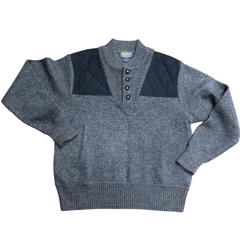 Woolrich Vintage Wool Henley Sweater Quilted Shoulder Patch Gray Mens M Retro